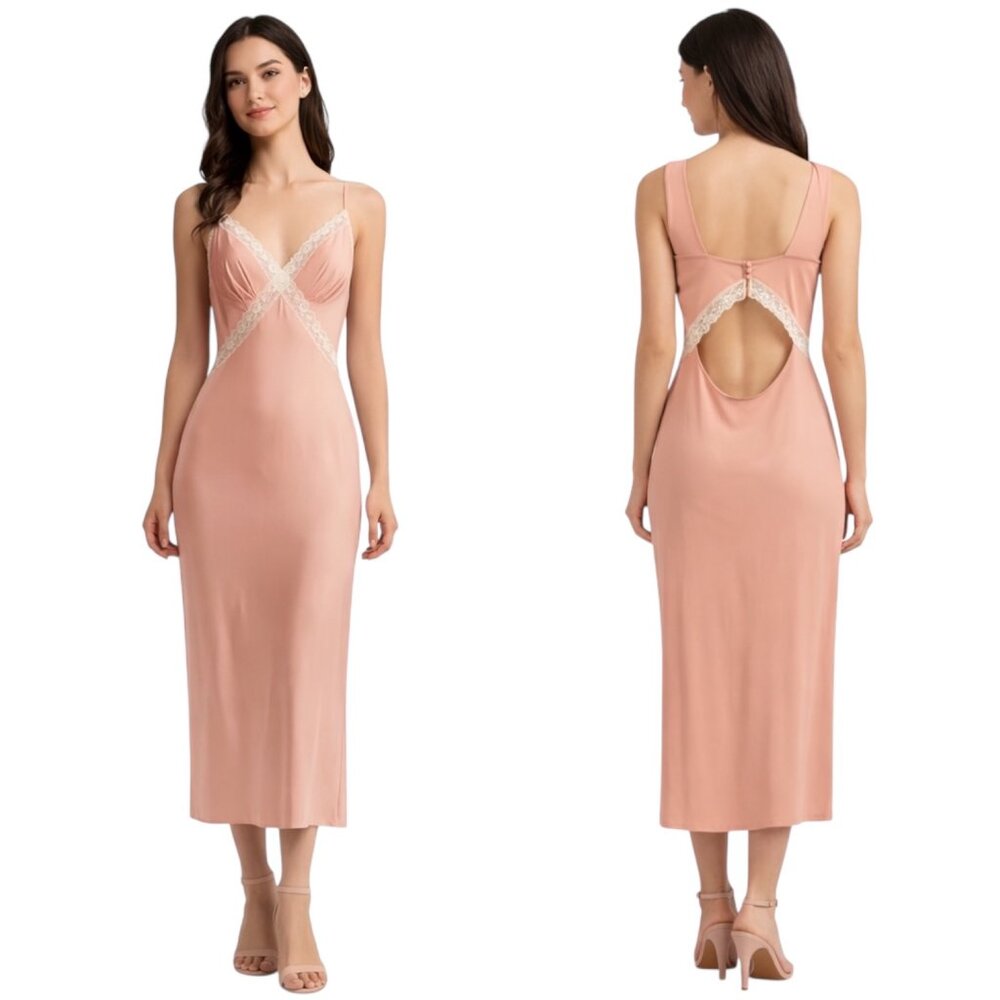 New Reformation Provence Pink Powder Puff Silk V Neck Lace Midi Dress Medium